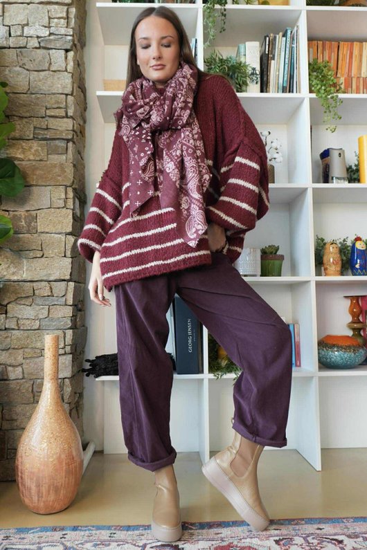 Big Softie Stripe Funnel Grunge Knit Burgundy -